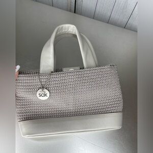 THE SAK Macrame & Leather Mini Handbag Satchel Purse Top Handle